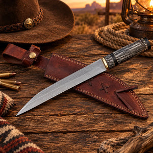 Handmade broken-back seax knife with runic engraved blade and leather sheath