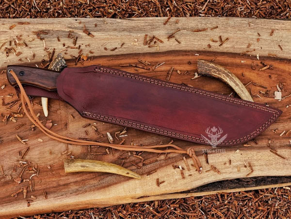 Brown leather sheath for handmade D2 machete knife with Ironwood handle and stitched edge