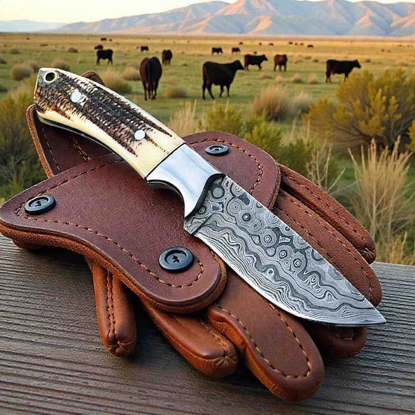 Buckaroo cowboy knife with 15N20 1095 Damascus blade and genuine antler horn handle
