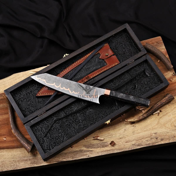 Bunka Knife -  8 Inch San Mai Copper Damascus Chef Knife