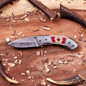 Canadian flag Damascus pocket knife with 1095 and 15N20 Damascus steel blade open view
