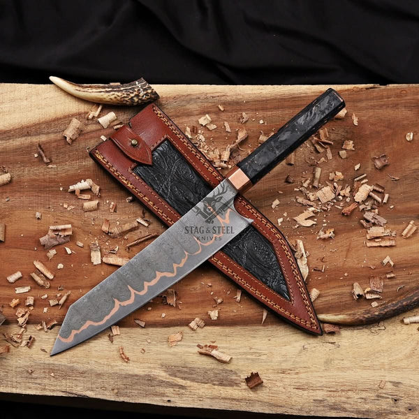Bunka Knife -  8 Inch San Mai Copper Damascus Chef Knife