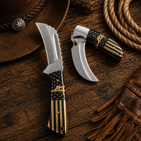 Two curved pocket knives with black and gold American flag patterned handles are displayed on a rustic wooden surface alongside a brown leather hat, rope, and fringed leather accessory.