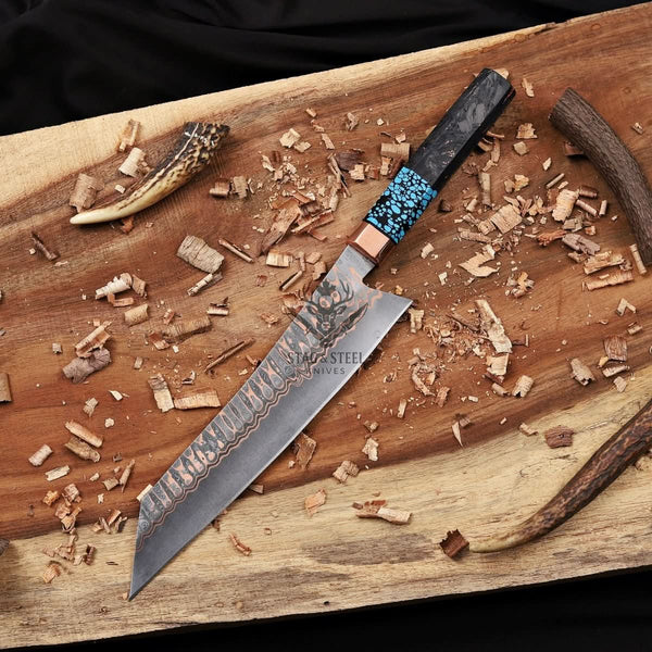 Personalized Cu Mai Damascus Chef Knife  - Carbon Fiber Handle