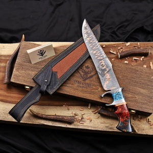 copper damascus bowie knife double guard with custom leather sheath and wooden box