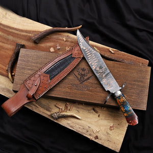 copper Damascus Bowie knife with resin handle on wooden box