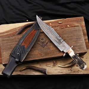copper damascus bowie knife with sheath on wooden box