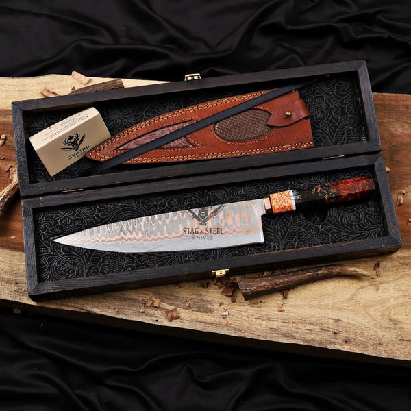 Hand forged Copper Damascus Chef Knife - 10 inch Cu-Mai Blade