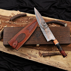 Cu Mai Chef knife with Resin & Marble Handle & Wooden box with Custom leather sheath