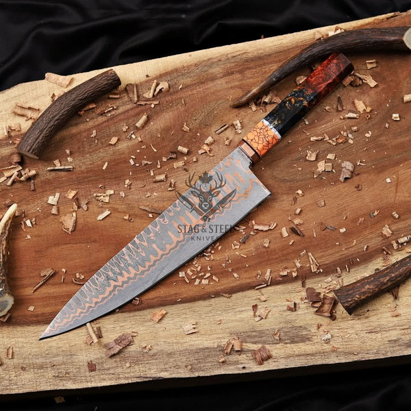 Hand forged Copper Damascus Chef Knife - 10 inch Cu-Mai Blade