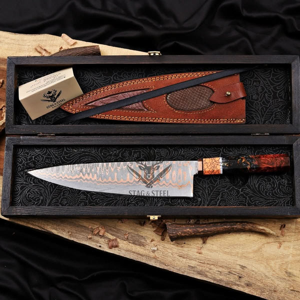 Hand forged Copper Damascus Chef Knife - 10 inch Cu-Mai Blade
