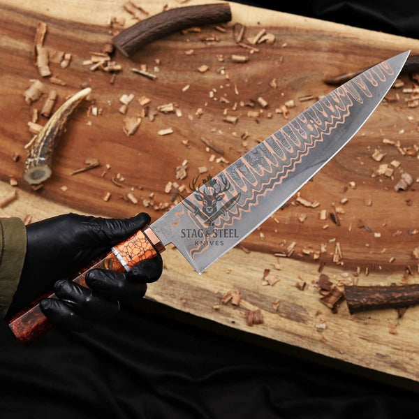 Hand forged Copper Damascus Chef Knife - 10 inch Cu-Mai Blade