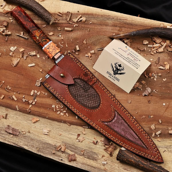 Hand forged Copper Damascus Chef Knife - 10 inch Cu-Mai Blade