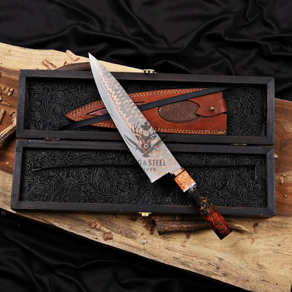 Hand forged Copper Damascus Chef Knife - 10 inch Cu-Mai Blade
