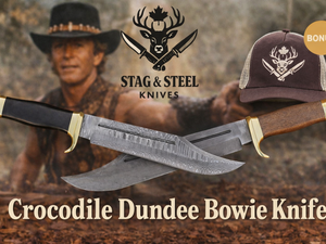 Crocodile Dundee Bowie Knife with Damascus steel blade and leather sheath
