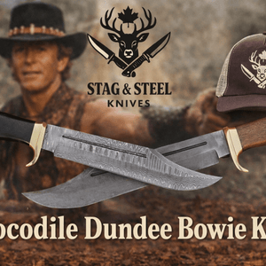 Crocodile Dundee Bowie Knife with Damascus steel blade and leather sheath