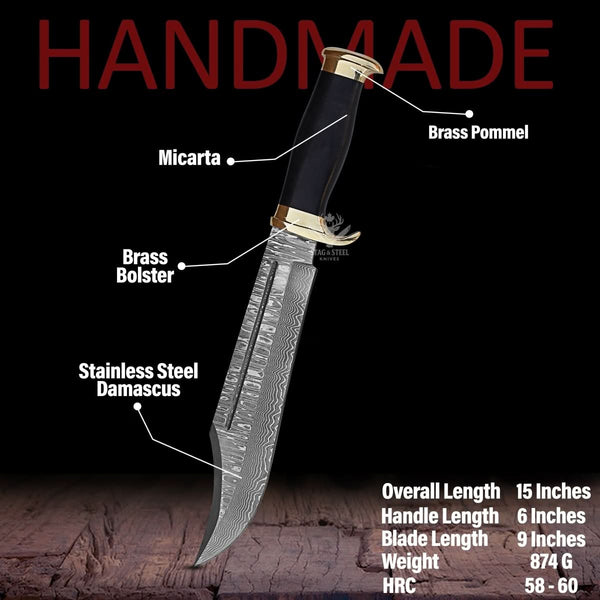 Detailed view of a handmade knife with labeled parts on a dark background