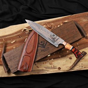 Copper Damascus Chef knife with tortoiseshell handle and leather sheath on a Wooden Gift box
