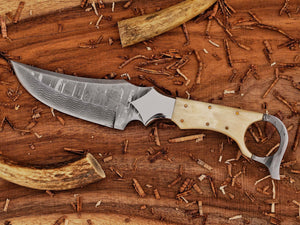 Custom ringtail knife with stainless Damascus blade and camel bone handle