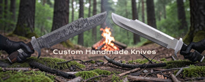 Two custom handmade knives held by hands in a forest setting with a fire in the background.