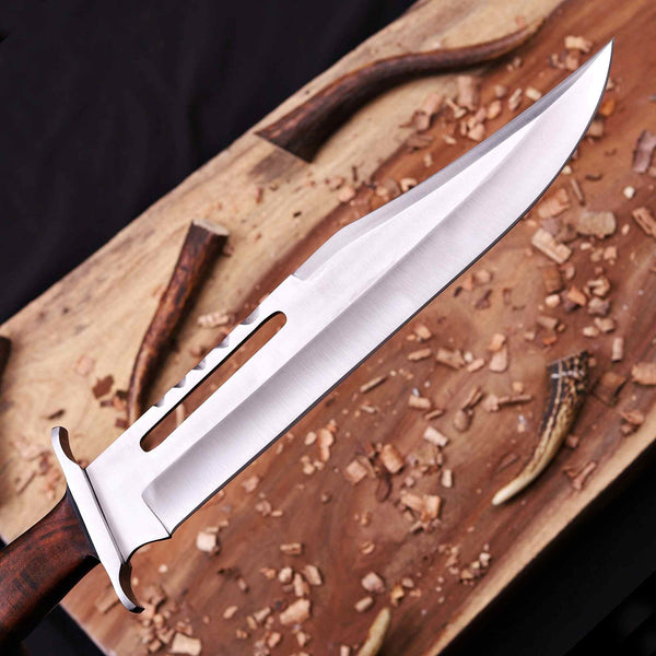 D2 tool steel bowie clip point blade with blood groove