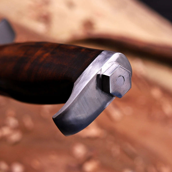Rosewood handle and steel fittings on Rambo III D2 bowie knife