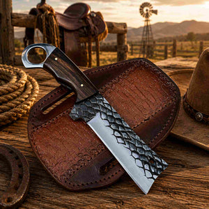 D2 rasp steel bull cutter knife with ironwood handle and tooled leather sheath