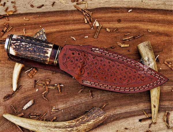 D2 small hunting knife with leather sheath