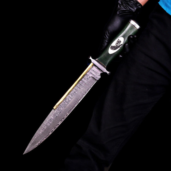 Full profile of Damascus Arkansas toothpick bowie with green G10 handle
