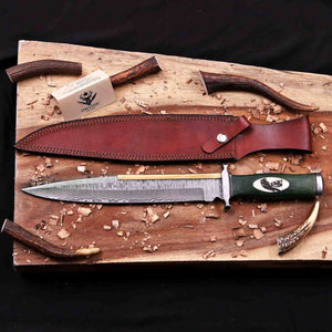 Damascus Arkansas toothpick bowie knife with brown leather sheath and Stag Steel Knives care card