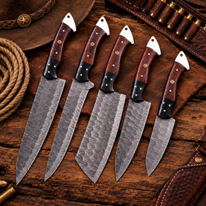 Five-piece Damascus chef knife set with two-tone rosewood and black horn handles