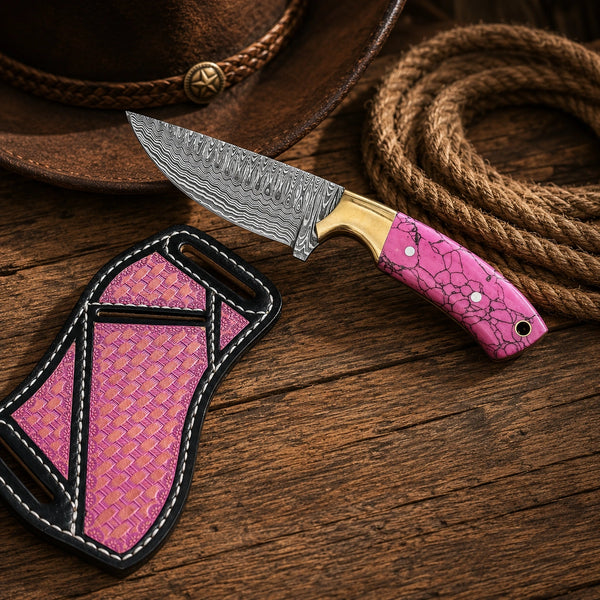 Full profile of handmade Damascus cowboy knife with pink turquoise composite handle