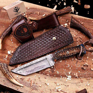 Damascus tanto knife with Italian leather sheath and removable belt loop