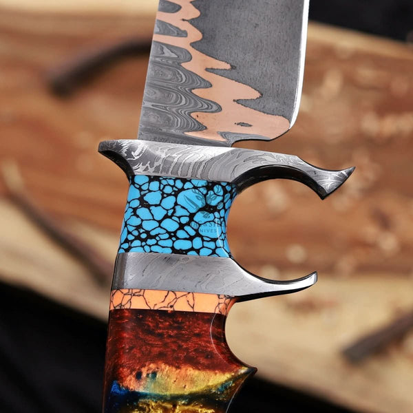 double guard copper damascus bowie knife damascus guard detail