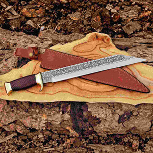 Handmade engraved dirk dagger with brass crossguard and tooled leather sheath