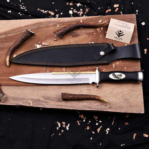 Expendables 2 toothpick bowie knife with brown leather sheath and Stag Steel Knives care card