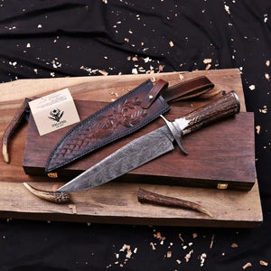 Masonic Feather Damascus bowie knife with genuine antler horn handle on ron wooden Box