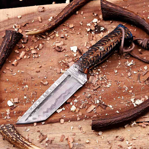 Fixed blade Damascus tanto knife with stabilized pine cone handle