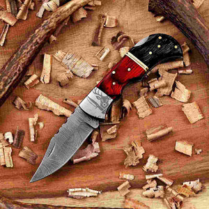 Red & Black Damascus Folding Knife | Handmade EDC Blade