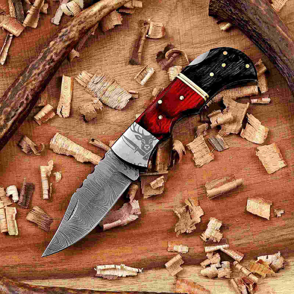 Red & Black Damascus Folding Knife | Handmade EDC Blade