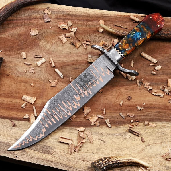 full tang copper Damascus Bowie knife display photo