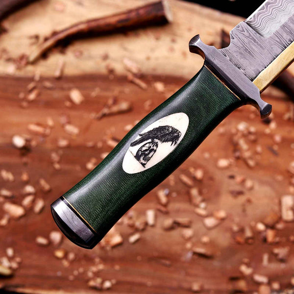 Green G10 handle with camel bone crow and skull scrimshaw on toothpick knife