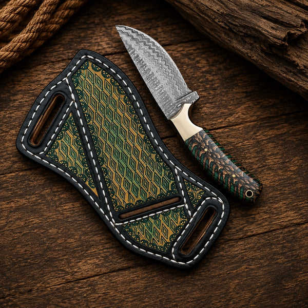 Full profile of a handmade Damascus cowboy knife with green pine cone resin handle