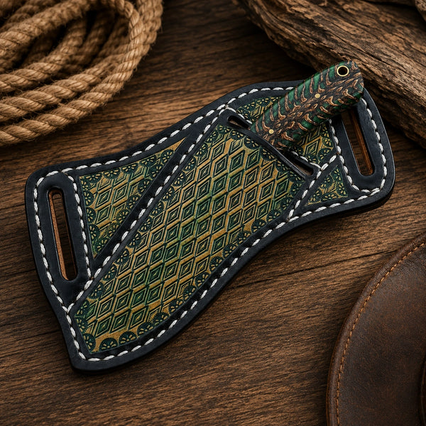 A custom handcrafted leather knife sheath with a geometric diamond pattern in green and tan, featuring white contrast stitching and a wrapped knife handle, displayed on a rustic wooden surface.