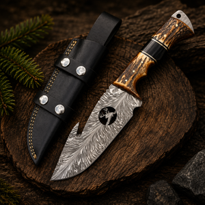 A fixed-blade knife with a patterned steel blade and a carved handle, displayed beside a black leather sheath on a rustic wood slice with pine branches and dark stones.
