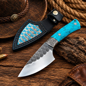 Hand engraved 440C bushcraft knife with turquoise handle on rustic wood Copy