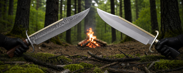 two Handmade Bowie knives in hand showcasing the full view 