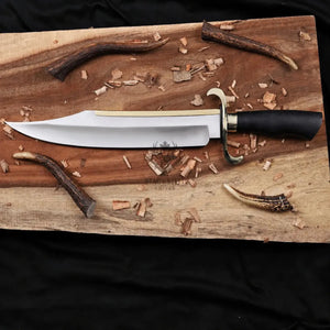 Handmade Alamo Musso bowie knife with D2 steel blade and brass S-guard on wood