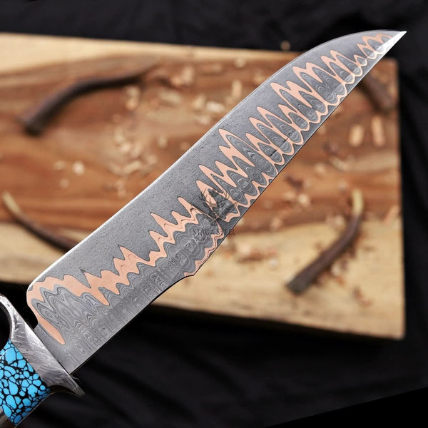 handmade copper damascus blade pattern detailed close up