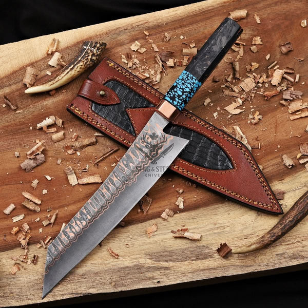 Personalized Cu Mai Damascus Chef Knife  - Carbon Fiber Handle